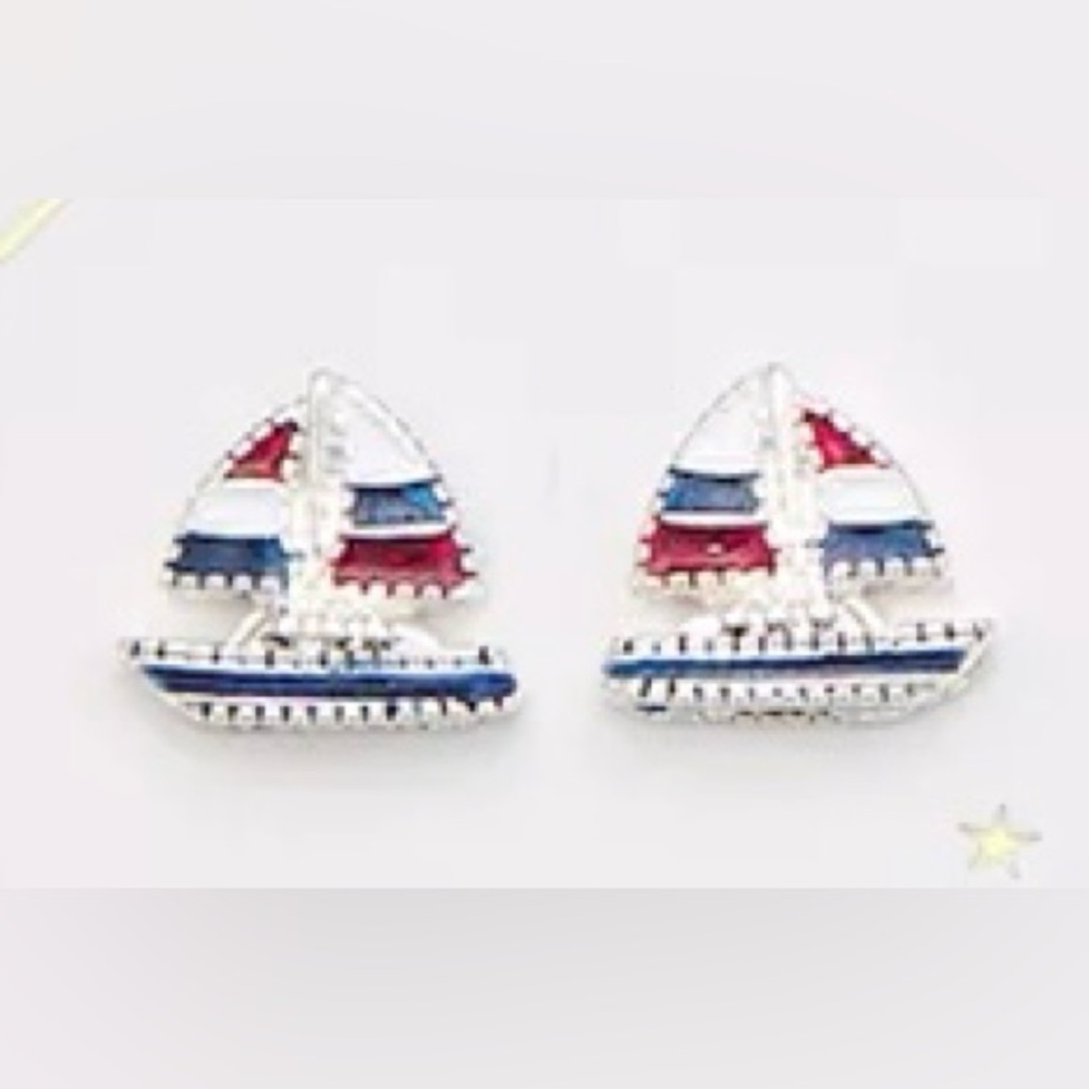 Napier Americana Patriotic Sailboat Earrings - Red, White, Blue Silvertone - New